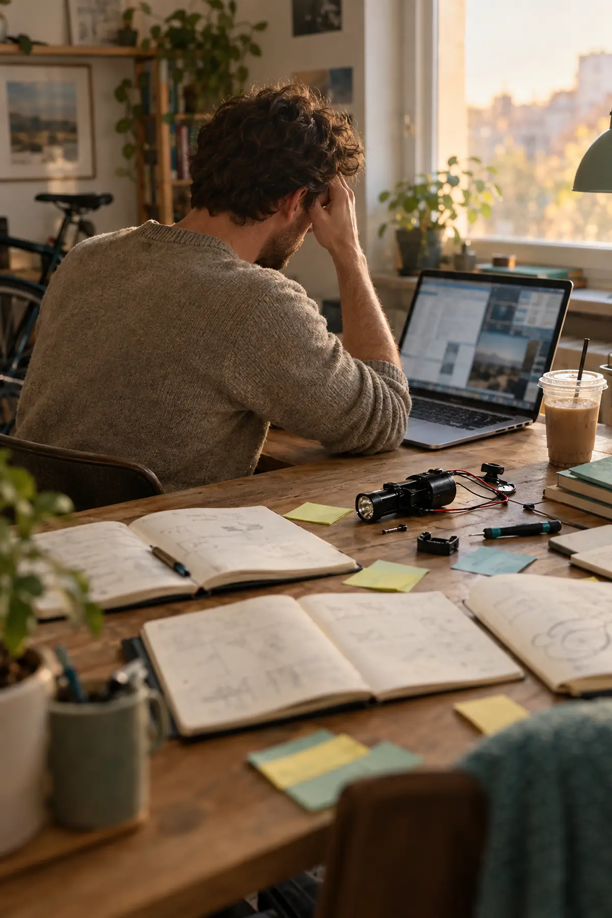 Mand ved et skrivebord fyldt med halvfærdige projekter, sedler og en kold kop kaffe