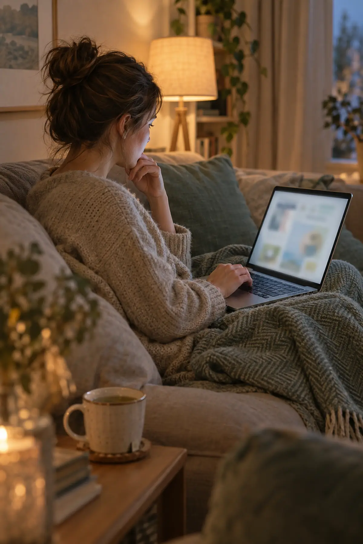 Kvinde i sofaen om aftenen søger svar på sin computer