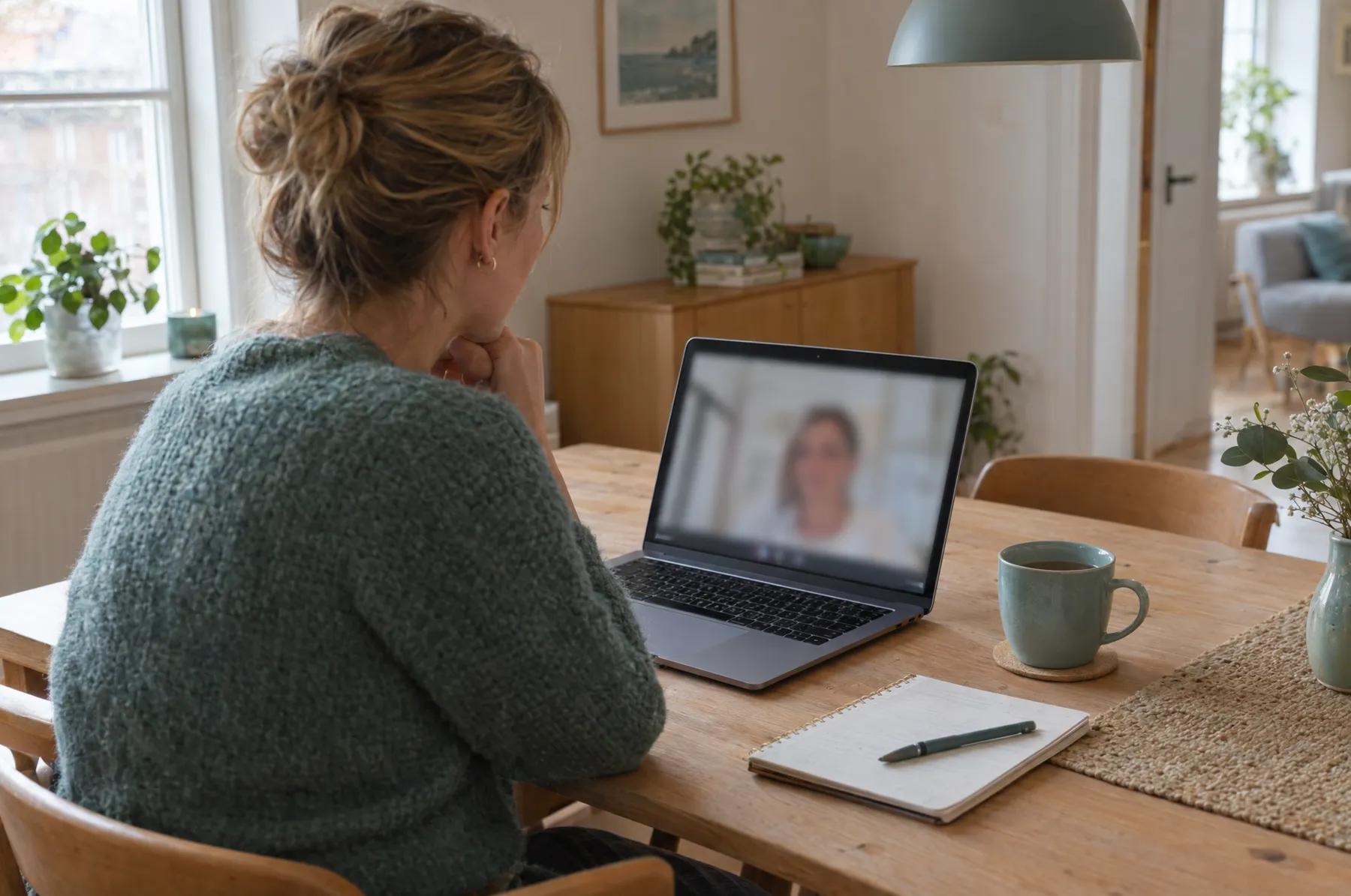 Person til online videosamtale ved køkkenbordet derhjemme