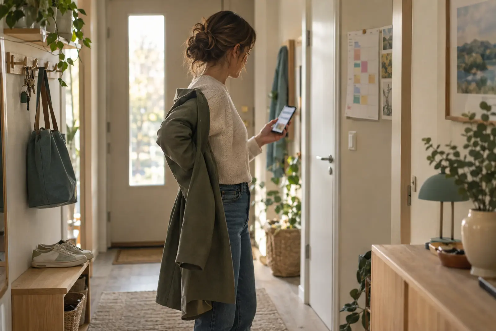 Kvinde gør sig klar til at gå — påmindelse på telefonen og nøglerne klar